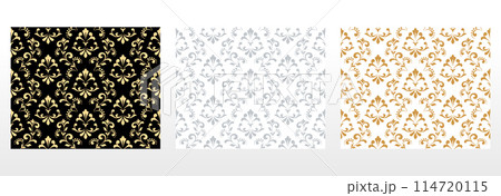 Wallpapers in the style of Baroque. Seamless vector backgrounds. Set of colored floral ornaments. Graphic patterns for fabric, wallpaper, packaging. Ornate Damask flower ornaments Wallpapers in the style of Baroque. Seamless vector backgrounds. Set of colored floral ornaments. Graphic patterns for fabric, wallpaper, packaging. Ornate Damask flower ornaments 114720115