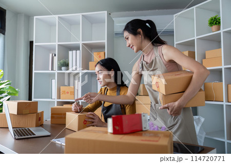 Asian women organizing ecommerce logistics for online business. Concept of teamwork, efficient operations, and order fulfillment Asian women organizing ecommerce logistics for online business. Concept of teamwork, efficient operations, and order fulfillment 114720771