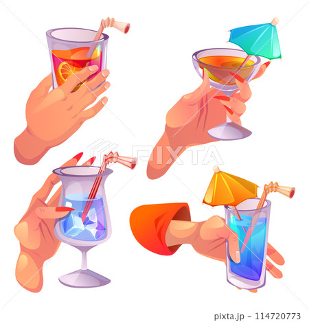 Human hands holding glass with cocktail drink. 114720773