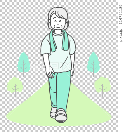 ウォーキングをするシニア女性のイラスト（半袖） 114721189