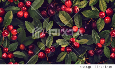 Overcrowded cherries and leaves pattern. 114721236