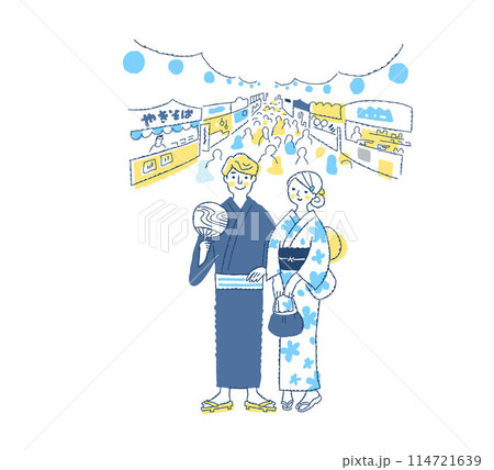 祭りの夜店と浴衣姿の若いカップル 114721639