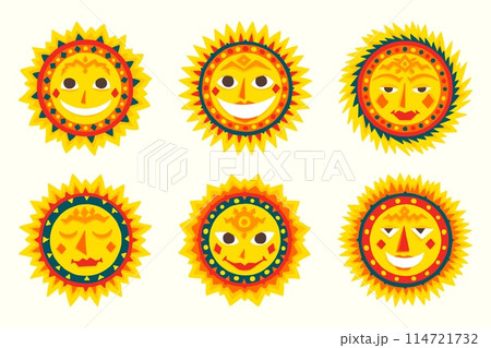 Sun faces. Abstract Indian graphic, summer characters, ethnic Aztec doodle style smiles, cute funny circles stickers, spring day colorful design shiny symbols. Vector cartoon isolated set 114721732