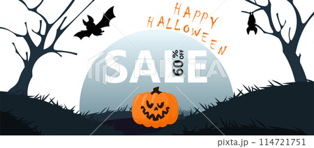 Halloween sale. Autumn holiday. Shopping discount. Pumpkin and flying bats. Spooky graveyard landscape. Seasonal marketing promotion. October celebration event. Vector special offer banner 114721751