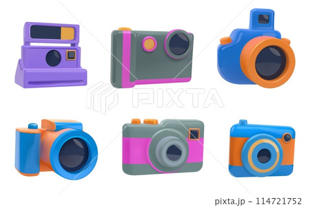 3D camera. Photo gadget. Photography graphic picture. Image or photograph hobby. Lens flash and film. Professional photographer equipment. Instant photoshoot. Vector render icons set 114721752
