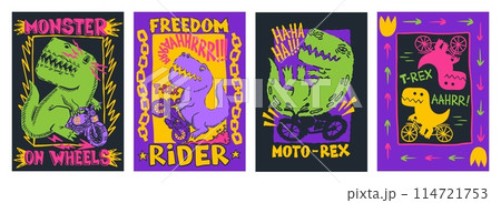Dinosaur on motorbike. Fashion art texture. Sport animal characters. Typography streetwear print. Dino on bicycle. T-rex riding bike. Monster on wheels. Vector abstract posters set Dinosaur on motorbike. Fashion art texture. Sport animal characters. Typography streetwear print. Dino on bicycle. T-rex riding bike. Monster on wheels. Vector abstract posters set 114721753