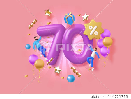 70 percent off. 3D sale banner. Shopping offer. People fly with gift boxes and balloons. Mega discount holiday event. Online promotion advertising. Shop marketing. Vector background 114721756