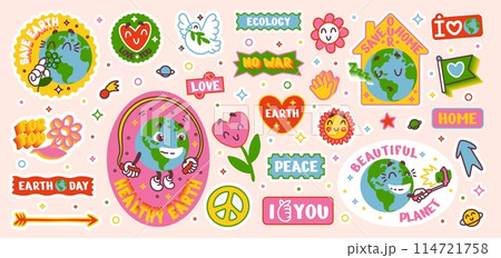 Eco stickers. Retro Earth planet. World pop face for smile poster design. Funny emoticon. Save environment. Peace badge. Nature or ecology protection. Happy face. Vector cartoon icons set 114721758