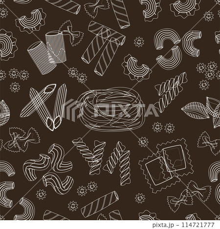 Pasta pattern. Seamless texture with white hand drawn macaroni different types on brown background. Packaging design backdrop. Homemade raw spaghetti. Kitchen wallpaper. Vector illustration 114721777