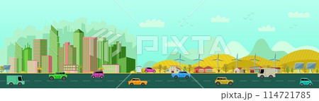 Office buildings. City landscape. Skyline town panorama. Cars traffic. Downtown skyscrapers or village houses. Urban highway. Windmills and solar panels. Vector cityscape background Office buildings. City landscape. Skyline town panorama. Cars traffic. Downtown skyscrapers or village houses. Urban highway. Windmills and solar panels. Vector cityscape background 114721785