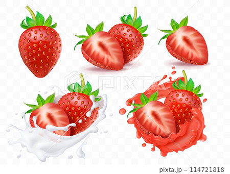 Strawberry in splash. Fruit milk, cream and milkshake, juice or yogurt in motion, fresh realistic berry whole, half and slices, smoothie or cocktail. Packaging design vector isolated 3d set Strawberry in splash. Fruit milk, cream and milkshake, juice or yogurt in motion, fresh realistic berry whole, half and slices, smoothie or cocktail. Packaging design vector isolated 3d set 114721818