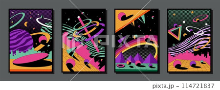 Psychedelic posters. Abstract retro background. 1980s space landscape with volcano explosion. Surreal sky. Cosmic infinity. Optical illusion. Geometric shapes. Vector graphic banners set Psychedelic posters. Abstract retro background. 1980s space landscape with volcano explosion. Surreal sky. Cosmic infinity. Optical illusion. Geometric shapes. Vector graphic banners set 114721837