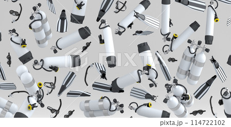Many of flying scuba stuff like oxygen tank, flip flops and scuba mask on white Many of flying scuba stuff like oxygen tank, flip flops and scuba mask on white 114722102