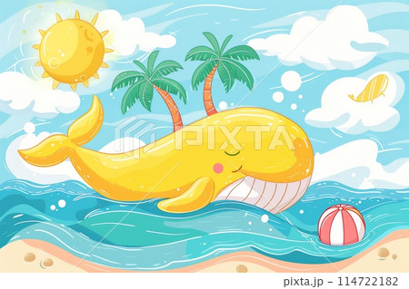 夏の日差しの中の幸せなクジライラスト 114722182