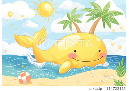 夏の日差しの中の幸せなクジライラスト 114722183