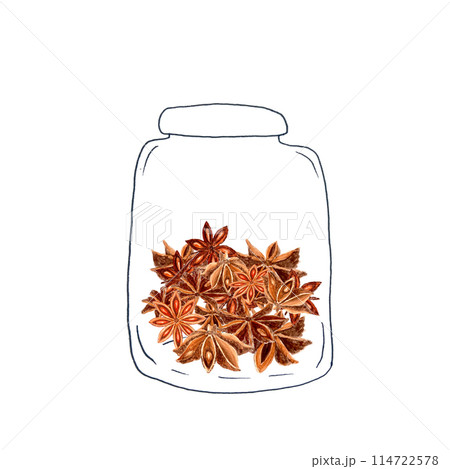 Star anise in a jar realistic watercolor illustration composition on a white background. Spices with detailed texture. Perfect for culinary, botanical projects, spice containers, logo and label design 114722578