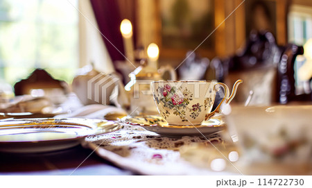 Elegant table setting for tea party with cakes and cupcakes in English manor. Selective focus. Vintage style 114722730