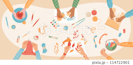Flat children handmade hobby collection, colorful handcraft knitting and pottery art class background, cartoon hands make handicraft craftwork group illustration, creative DIY workshop banner. 114722901