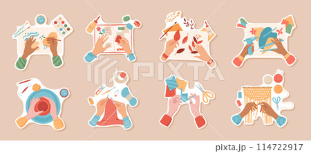 Colorful isolated hands making handcraft activity sticker set, handicraft craftwork top view abstract patch pack, handmade DIY craft children hobby vector illustration, creative art group concept. 114722917