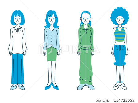 いろいろな髪型と服装の女性の全身イラスト 114723055