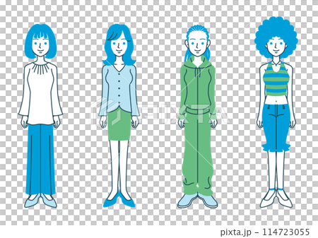いろいろな髪型と服装の女性の全身イラスト 114723055