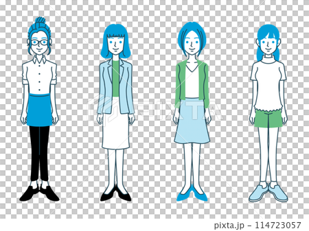 Full-body illustrations of women with various hairstyles and clothes 114723057