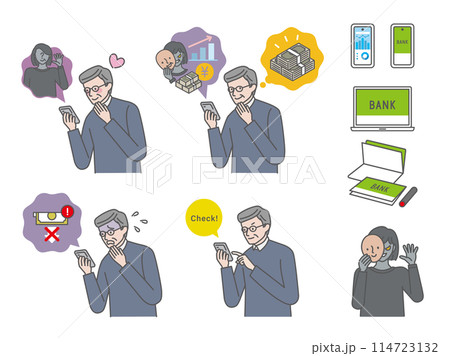 SNS投資:シニア男性の詐欺被害イラストアイコンセット SNS投資:シニア男性の詐欺被害イラストアイコンセット 114723132