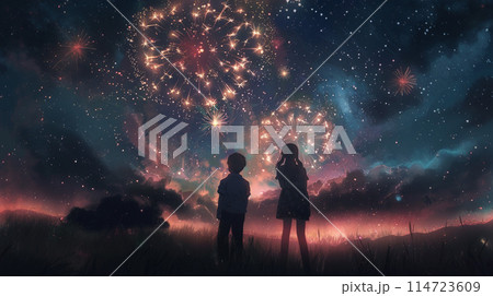 手描き風の幻想的な打ち上げ花火 手描き風の幻想的な打ち上げ花火 114723609