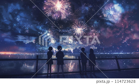 手描き風の幻想的な打ち上げ花火 114723628