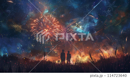 手描き風の幻想的な打ち上げ花火 114723640