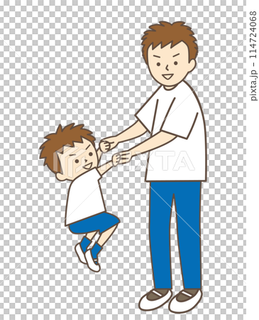 A boy jumps while holding hands with his father in parent-child gymnastics 114724068