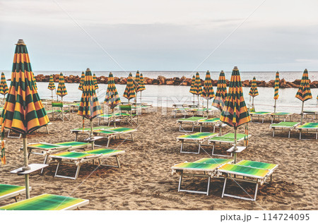 Italy, a deserted bathing establishment on the Ligurian coast. 114724095