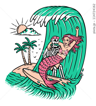 Skull and mermaid surfing illustration 114724162