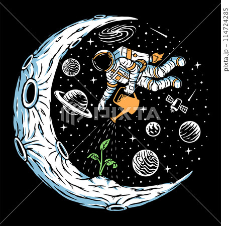 Astronaut plant trees on the moon illustration 114724285