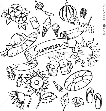 モノクロの手描きの夏モチーフイラストセット（塗り絵にも）のイラスト