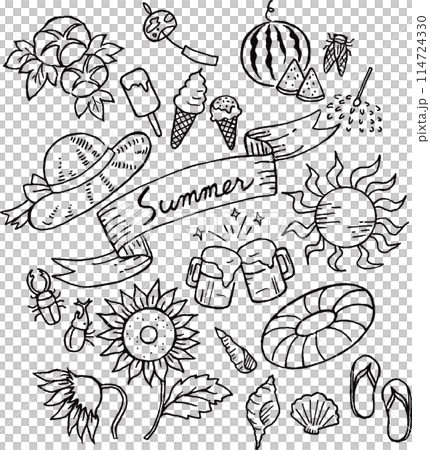 モノクロの手描きの夏モチーフイラストセット（塗り絵にも）のイラスト