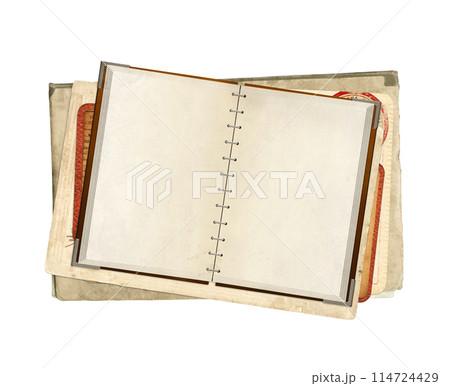 Old book with blank pages. Vintage opened book with empty page. Isolated on white background. Mock up template. Copy space for text Old book with blank pages. Vintage opened book with empty page. Isolated on white background. Mock up template. Copy space for text 114724429