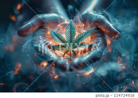 Hand holding a cannabis leaf surrounded by swirling smoke and light. 114724916