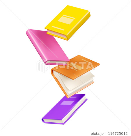Floating books with bright color hardcover isolated on white. Cartoon 3d render illustration of flying literature for school education and library concept. Soar paper brochure for bookstore design. Floating books with bright color hardcover isolated on white. Cartoon 3d render illustration of flying literature for school education and library concept. Soar paper brochure for bookstore design. 114725012