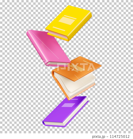 Floating books with bright color hardcover isolated on white. Cartoon 3d render illustration of flying literature for school education and library concept. Soar paper brochure for bookstore design. Floating books with bright color hardcover isolated on white. Cartoon 3d render illustration of flying literature for school education and library concept. Soar paper brochure for bookstore design. 114725012