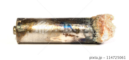 Unbranded corroded alkaline battery leaking potassium hydroxide Unbranded corroded alkaline battery leaking potassium hydroxide 114725061