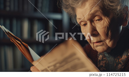 Grandmother reading a book in a calm atmosphere Grandmother reading a book in a calm atmosphere 114725215