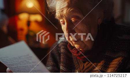 Portrait of an elderly woman in a cozy home atmosphere 114725217