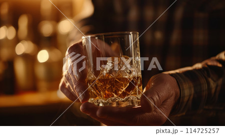Close-up of a glass of bourbon in the hands of a man 114725257