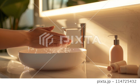 Girl washes her hands in a bright bathroom Girl washes her hands in a bright bathroom 114725432