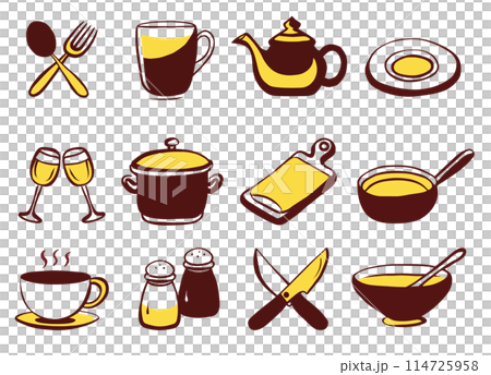 Kitchen utensils in doodle art style, dishes, crockery, tableware, utensil dinnerware, kitchenware 114725958