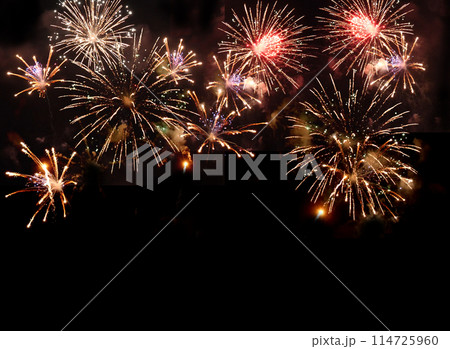 Golden Firework celebrate anniversary happy new year 2024, 4th of july holiday festival. Gold firework in the night time celebrate national holiday. Countdown to new year 2023 gold party time event 114725960