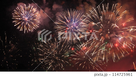 Colorful firework in night time to celebrate national holiday. countdown new year party background. Colorful vibrant Firework celebrate anniversary happy new year 2024, 4th of july holiday festival 114725961