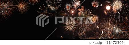 Banner Firework celebrate anniversary happy new year 2024, 4th of july holiday festival. colorful firework celebrate national holiday. Banner countdown new year 2024 party time event with copy space 114725964