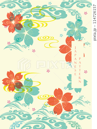 Wave pattern and cherry blossom flower illustration in vintage style. Pastle floral pattern in vintage style. Oriental flora banner design 114726157